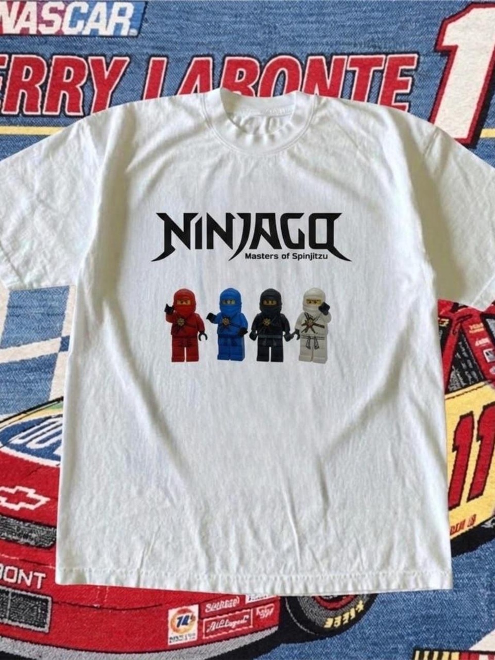 Gildan White Ninjago Tee with Red, Blue, Black & White Ninja Graphics